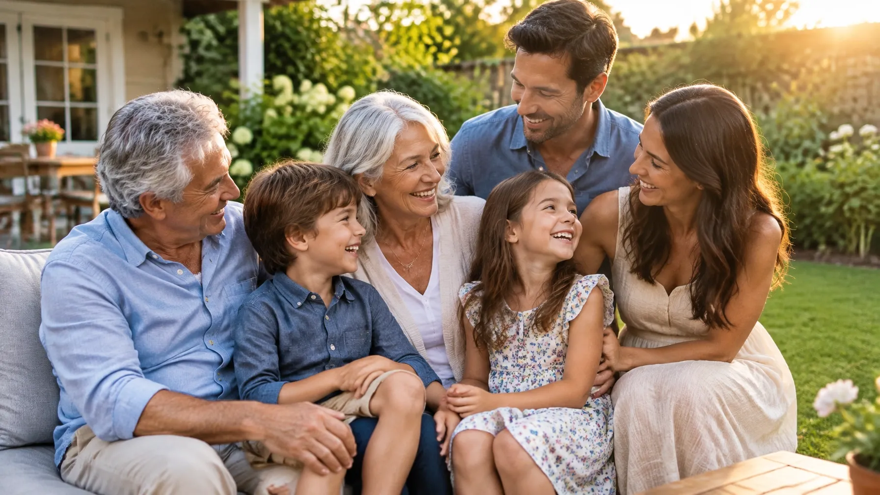 Multigenerational family sharing a joyful moment in a sunny backyard.